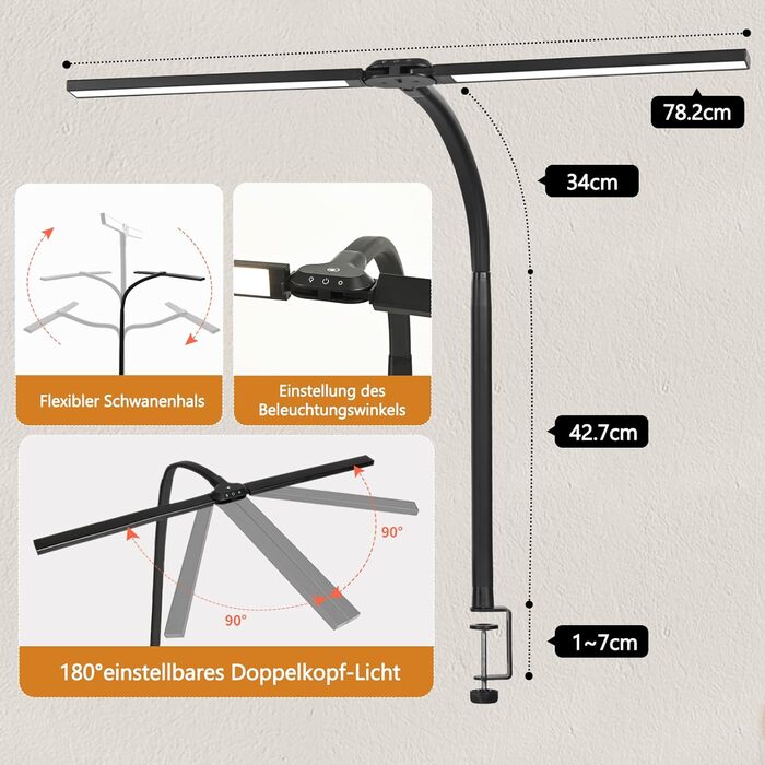 Лівоквіткова настільна лампа з подвійною головою LED з регулюванням яскравості, 24 Вт 78 см 100 режимів освітлення, затискна лампа денного світла для очей для домашнього офісу Офісна настільна лампа з дистанційним керуванням, чорна