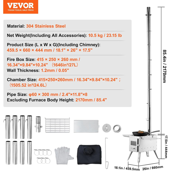 Дров'яна піч VEVOR, 590 x 790 x 2620 м, піч для намету з нержавіючої сталі, портативна дров'яна піч з димохідними трубами та рукавичками, 3000-дюймова топка для намету для приготування їжі та опалення на відкритому повітрі з 8 трубами 16.06'x9.65'x9.45', 