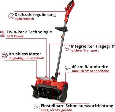 Акумуляторний снігоприбирач Einhell GE-ST 36/40 Li E-Solo Power X-Change (Li-Ion, 36 В, робоча ширина 40 см, максимальна глибина снігу 20 см, поставка без акумуляторів і без зарядних пристроїв)