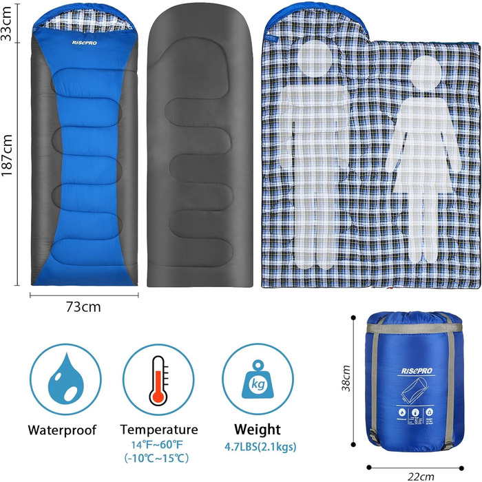 Спальний мішок RISEPRO Легкий, 2,1 кг фланелевий бавовняний портативний, водонепроникний 3-4 сезони для теплої холодної погоди для дорослих, дітей - в приміщенні, на відкритому повітрі, кемпінгу, рюкзаку, походів синій