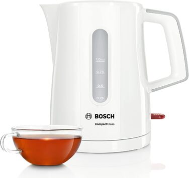 Акумуляторний чайник Bosch CompactClassTWK3A051, швидкий нагрів, індикатор рівня води з обох сторін, захист від перегріву, 1 л, 2400 Вт, білий Single