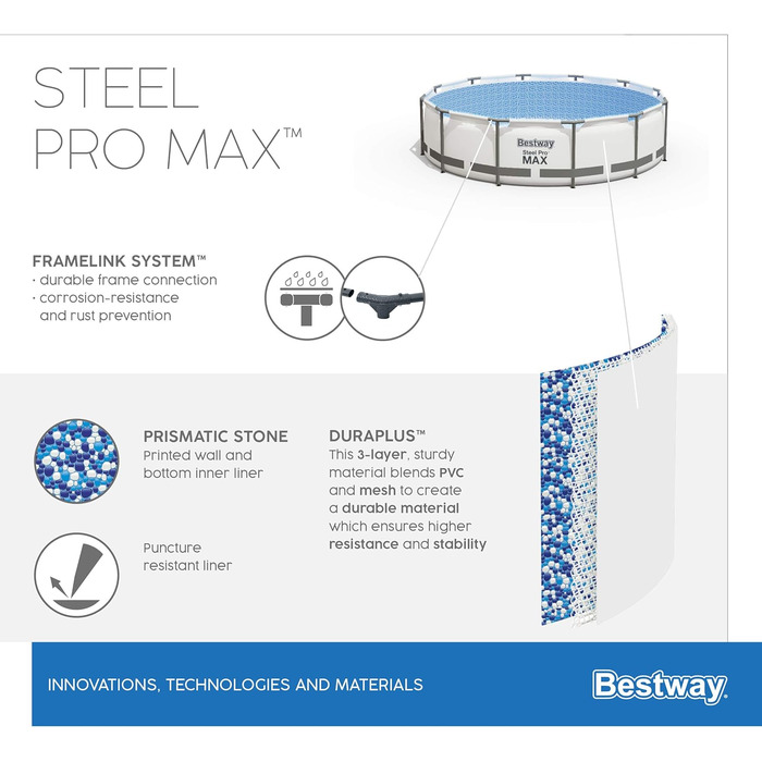 Комплект каркасного басейну Bestway Steel Pro MAX з фільтруючим насосом Ø 366 x 76 см, світло-сірий, круглий