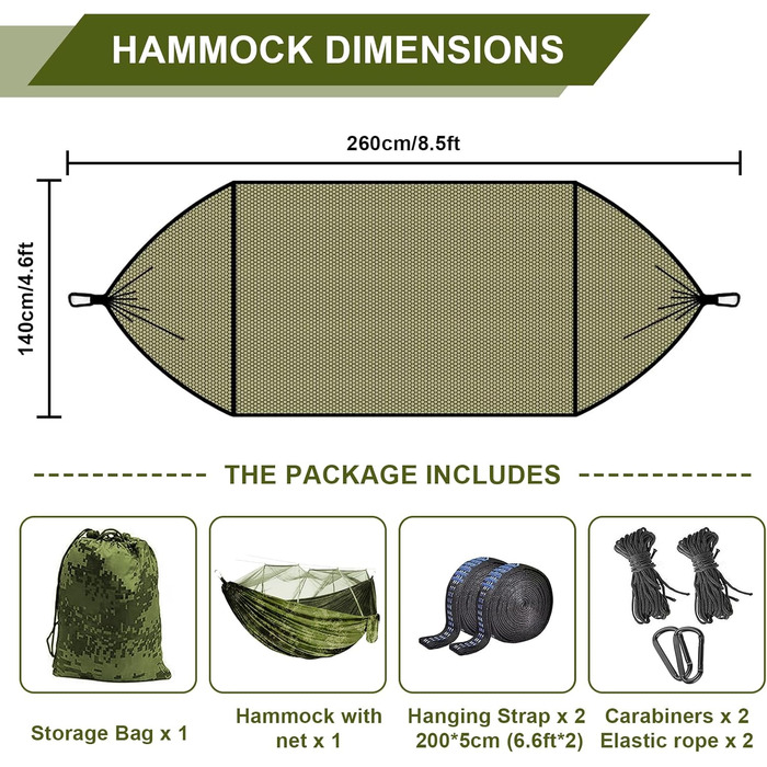 Відкритий гамак FOGARI з москітною сіткою Туристичний кемпінг 260 x 140 см Ультралегкий туристичний кемпінговий гамак Москітна сітка для 2 осіб Вантажопідйомність 300 кг, камуфляж