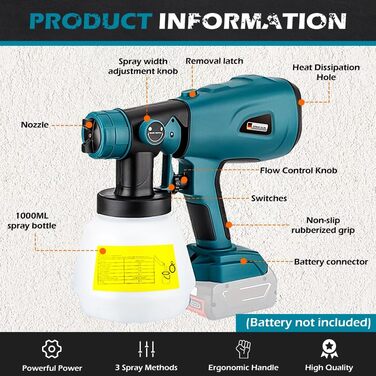 Акумуляторна система розпилення фарби Електричний фарборозпилювач, сумісний з електричним фарборозпилювачем Bosch GBA 18V 1000 мл з соплом 1,0 мм, 1,8 мм, 2,5 мм, 3,0 мм, 3 схеми розпилення, 6 фільтрувальних паперів (без акумулятора)