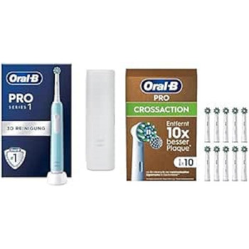 Електрична зубна щітка Oral-B Pro Series 1 10 щіток Pro CrossAction, 3 режими чищення, включаючи чутливий догляд за зубами, датчик тиску та таймер, дорожній кейс, дизайн від Braun, синій