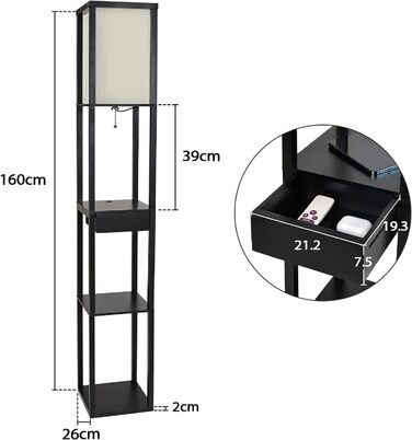 Торшер YU YUSING Дерев'яна полиця, торшер Вітальня LED з 3 дерев'яними полицями з цоколем E27 1,6 м Внутрішнє освітлення для спальні Whonzimmer Офіс (чорний з ящиком)