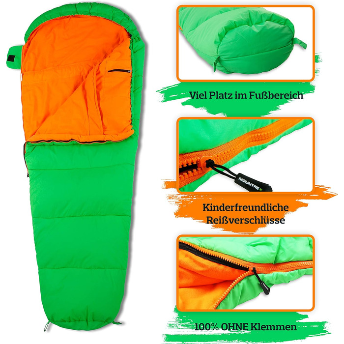 Дитячий спальний мішок MOUNTREX - Портативний, як рюкзак - Спальний мішок для дітей (175 x 70 x 45 см) - На відкритому повітрі, в подорожах, кемпінгу - Спальний мішок для мами Легкий та компактний - Внутрішня підкладка з 100 бавовни Зелений/помаранчевий 1