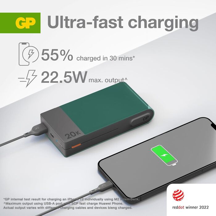 Зовнішній акумулятор 20 000 мАг GP Power Bank з великою ємністю, портативний зарядний пристрій з портом USB типу C швидка зарядка 3 пристроїв одночасно Синій