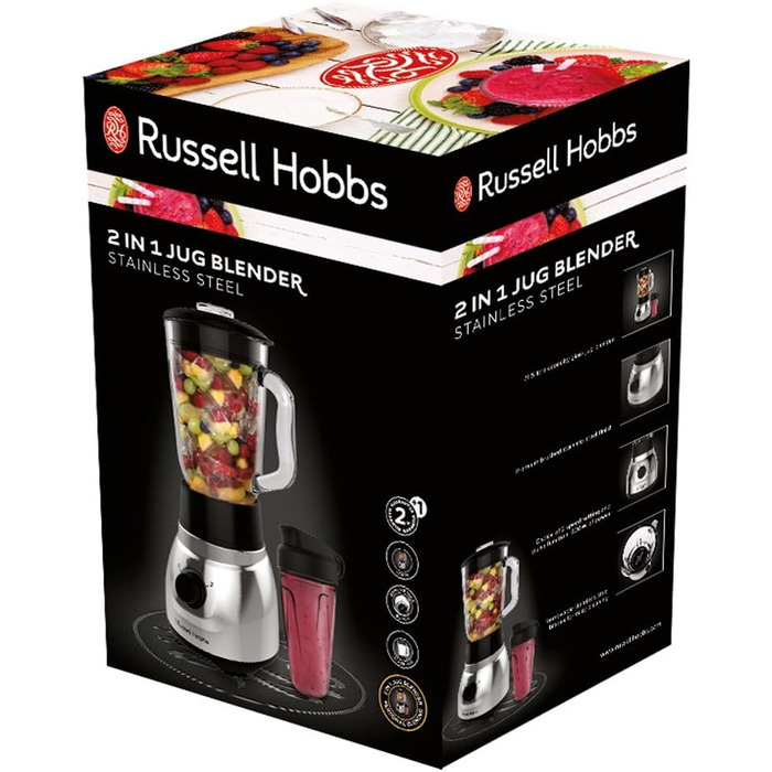 Міксер Russell Hobbs 2-в-1 блендер зі скляним контейнером 1,5 л і міні-смузі-пляшка для пиття 0,6 л з кришкою Можна мити в посудомийній машині, функція імпульсу/подрібнення льоду, чашка без BPA, нержавіюча сталь 23821-56