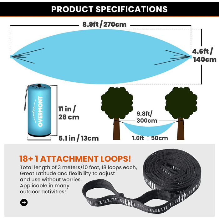Двошаровий гамак Overmont Сертифіковані кемпінгові гамаки TV, вантажопідйомність 400 кг, 270 x 140 см Нейлоновий дихаючий для подорожей на відкритому повітрі Сад Blue Light Grey