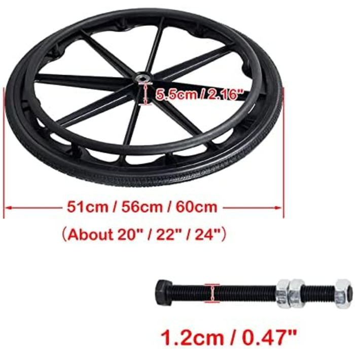 Колеса для інвалідних візків, змінні задні колеса для інвалідних візків, набір 2, 20 дюймів, 22 дюйми, 24 дюйми, колесо для інвалідних візків, цілісне лите колесо для інвалідних візків з повністю поліуретановими шинами, з підшипниками, поручень u 22in(56c