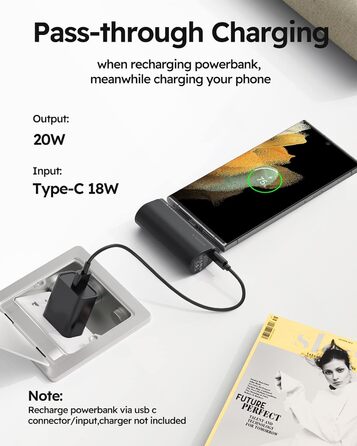 Вт PD міні-зовнішня батарея, швидка зарядка USB C Power Bank без кабелю, портативний зарядний пристрій для невеликих мобільних телефонів, сумісний з Samsung, Huawei, USB C мобільними телефонами тощо (чорний), 5000mAh, 20