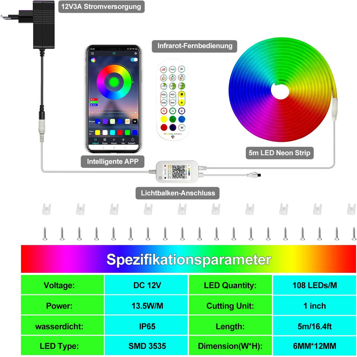 Неонова світлодіодна стрічка Calflux 5 м, гнучка неонова світлодіодна стрічка 12 В RGB, водонепроникна світлодіодна стрічка IP65 з пультом дистанційного керування, для внутрішнього зовнішнього декору