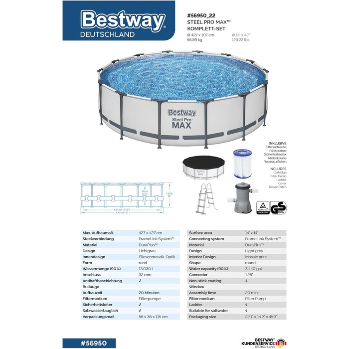 Каркасний басейн Bestway Steel Pro MAX Повний комплект з фільтруючим насосом Ø 427 x 107 см, світло-сірий, круглий