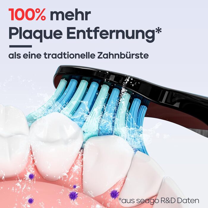 Електрична зубна щітка Seago, звукова зубна щітка з 40000 VPM Відбілює ваші зуби за два тижні, перезаряджається USB, з 5 особистими режимами та 8 головками (чорна)