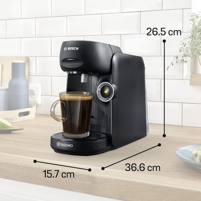 Капсульна машина Bosch Tassimo Finesse TAS16B7 кавоварка by, 70 напоїв, більш насичена кава одним натисканням кнопки, автоматичне вимкнення, ідеально дозована, компактна, 1400 Вт, чорна