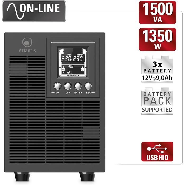 ДБЖ Atlantis A03-OP1502P PRO PRO UPS OnLine Сервер з подвійним перетворенням чистої синусоїди 1500 ВА 1350 Вт, вежа, РК-дисплей, USB, послідовний RS-232, 4 виходи IEC, слот SNMP, 3x12V-9Ah