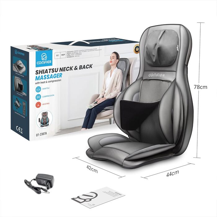 Масажна подушечка для сидіння COMFIER Shiatsu з масажем для розминання, перекочування, вібрації та стиснення повітря, масажна подушечка з функцією нагрівання, для шиї, плечей, спини та стегон, подарунок до Дня батька