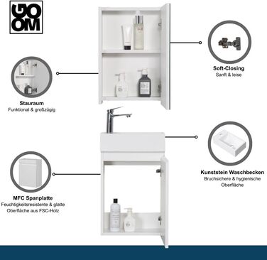 Набір гостьових туалетів GOOM 40 см Меблі для ванної кімнати Попередньо зібраний невеликий умивальник з нижньою тумбою (умивальник дзеркальна шафа, глянцевий білий)