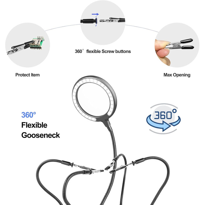 Лупа з легким третьою рукою Паяння 3-кратним збільшенням Допомагаючі руки Лампа-лупа з підсвічуванням з 28 світлодіодами з регулюванням яскравості, потужна база 4 гнучкі допоміжні кронштейни з підсвічуванням для рукоділля, паяння, хобі Сірий