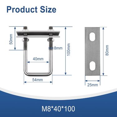 Гвинт M8, U-подібний різьбовий кронштейн, квадратні болти, U-болтові затискачі, U-болти для саду, автофургону, DIY, сонячної установки та кріплення (4 шт., M8x40x100 мм)