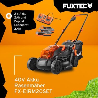 Акумуляторна газонокосарка Fuxtec 40В (2х20В) E1RM20 вкл. літій-іонний акумулятор 2Ач та подвійний зарядний пристрій - ширина зрізу 33 см, змінна висота зрізу 40В (2х20В) газонокосарка вкл. акумулятор та зарядний пристрій