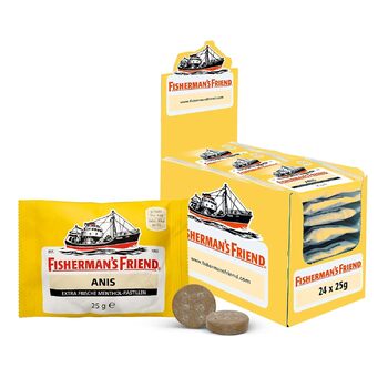 Аніс Fisherman's Friend, коробка з 24 предметів, ексклюзивний сорт зі смаком анісу та ментолу, з цукром та веганськими, цукерки для свіжого дихання, 24 x 25 г