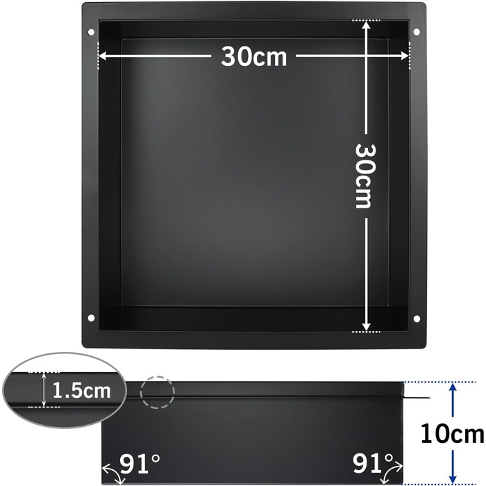 Настінна ніша Bernkot з нержавіючої сталі 30 см 30 см 10 см без плитки Вбудована душова ніша для зберігання у ванній кімнаті, без бортиків, прихованого монтажу, чорна 30 см 30 см 10 см чорна