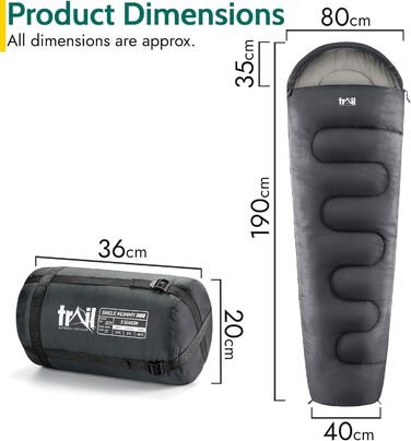 Спальний мішок для дорослих на 1 особу Trail - спальний мішок 3 сезони, на відкритому повітрі весна осінь зима - 300 GSM - для кемпінгу на відкритому повітрі - внутрішні кишені - легкий компресійний мішок антрацитовий