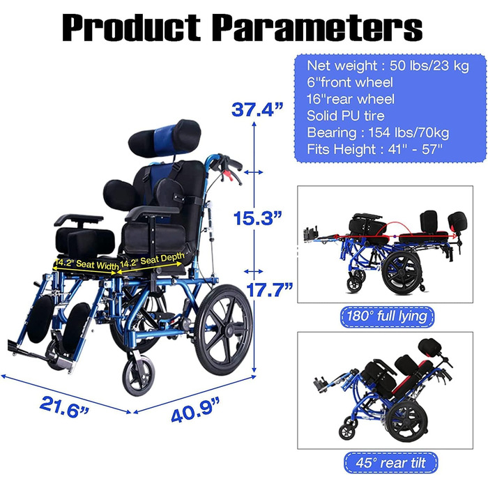 Повністю лежача інвалідна коляска для інсульту, геміплегії, інвалідів, дитячого церебрального паралічу, розбірна інвалідна коляска з алюмінієвого сплаву, з ременем безпеки та обіднім столом, для дітей, дорослих, людей похилого віку дитяча модель синя