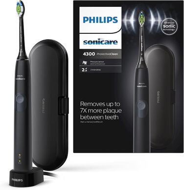 Електрична зубна щітка Philips Sonicare ProtectiveClean 4300 - звукова зубна щітка з насадкою для щітки W2 Optimal White, дорожнім футляром і зарядною док-станцією, чорна (модель HX6800/87)