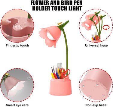 Настільна лампа для дітей 3 колірні температури затемнена світлодіодна настільна лампа з тримачем для ручки, сенсорним датчиком і гнучкою рукою, акумуляторна настільна лампа USB Приліжкова лампа для читання, навчання (рожевий)
