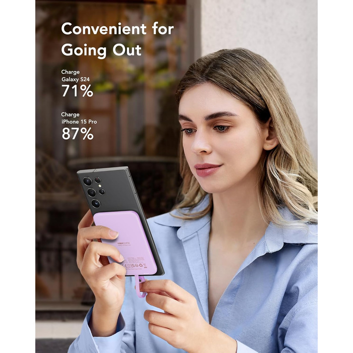 Із вбудованим кабелем USB C Зовнішні батареї Магнітне протиковзання Портативний зарядний пристрій Сумісний з iPhone 15/Samsung/Huawei (фіолетовий), 5000mAh Power Bank
