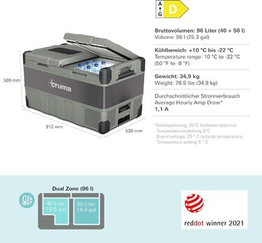 Компресорний холодильник Truma Cooler C96DZ (41 л 55 л) Dual Zone (2 температурні зони) - мобільний холодильник для автомобіля, кемпінгу, подорожей - DC 12/24 В, AC 100-240 В Dual Zone (41 55 л)