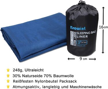 Спальний мішок BROWINT з шовку/бавовни, дорожній спальний мішок з подвійною блискавкою та відділенням для подушки, надширокий спальний мішок для хостелів 220 см х 110 см, легкий, компактний та дихаючий темно-синій Lnlay