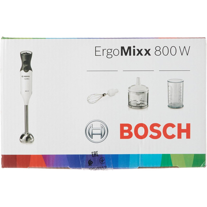 Ручний блендер Bosch ErgoMixx MS6CA4150, ніжка блендера з нержавіючої сталі, чашка для змішування та вимірювання, віночок, 4-лезовий ніж, легкий корпус, 12 рівнів плюс турбошвидкість, 800 Вт, білий/антрацит