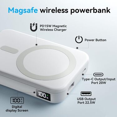 Сумісний із Magsafe PowerBank, PD 22,5 Вт із швидкою зарядкою бездротового зарядного пристрою з входами та виходами USB-C і світлодіодним дисплеєм для iPhone 15/14/13/12/Pro/Pro Max Series