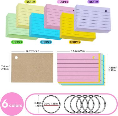 Картотеки moinkerin 600 штук 5 * 2,9 дюймових різнокольорових флеш-карт з 6 кільцями для палітурки 12 картотек з крафт-паперу для офісу домашнього та шкільного навчання Линовані картотеки 127 X 74 міліметрів