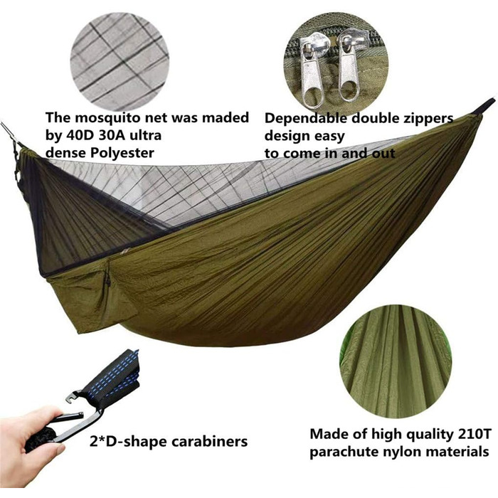 Відкритий гамак Ovyuzhen з москітною сіткою та дощовиком Швидковисихаючий парашутний нейлоновий кемпінговий гамак Намети для кемпінгу Туристичний рюкзак Походи Rainfly розмір 250x150см Зелений