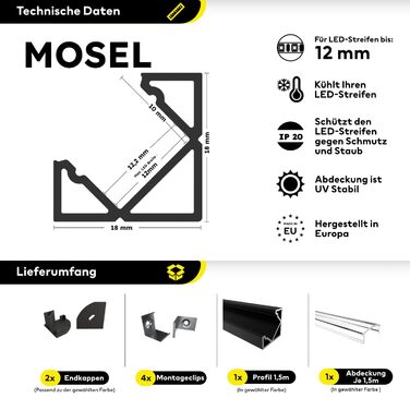 Алюміній - світлодіодний алюмінієвий кутовий профіль чорний - 200 см - з аксесуарами та опаловою кришкою - для 12 мм світлодіодна стрічка - 2 м - для внутрішніх та зовнішніх приміщень - MOSEL (Alu кришка (прозора / прозора) 1,5 м)