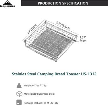 Кемпінговий тостер Campingmoon для газової плити 304 Тостер для хліба з нержавіючої сталі Міні-кемпінгова решітка для гриля US-1312 CM-US-1312 (маленький)