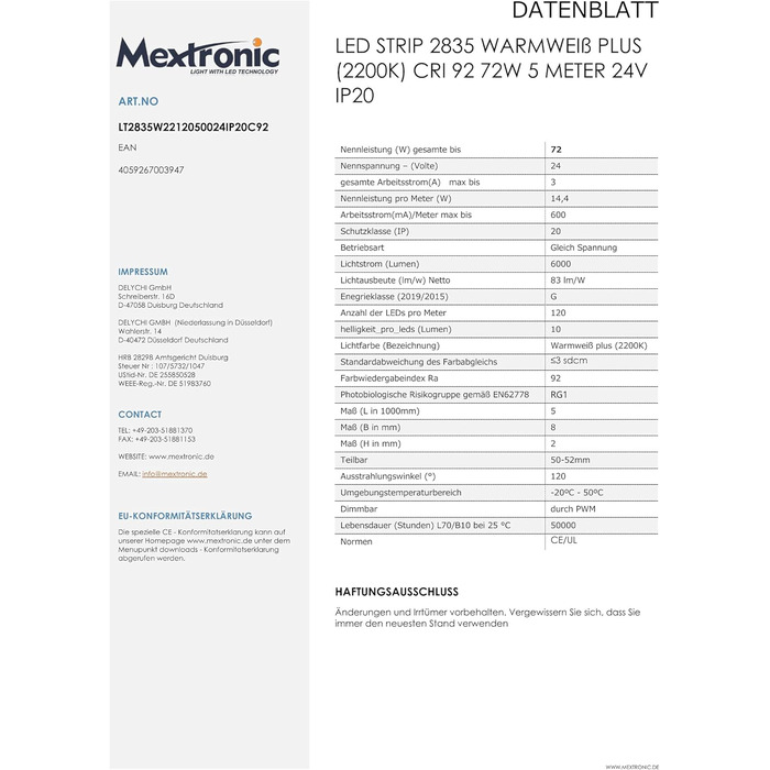 Світлодіодна стрічка Mextronic 24В тепла біла/LED стрічка (2200k), 72 Вт, 500 см, IP20