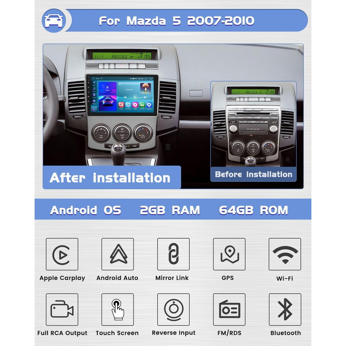 Автомобільна стереосистема Android 13 з бездротовим Carplay Автомобіль Android для Mazda 5 2007-2010 9-дюймова автомагнітола з GPS Navi Bluetooth WiFi RDS HI-FI FM 2USB SWC камера заднього виду, 2G64G