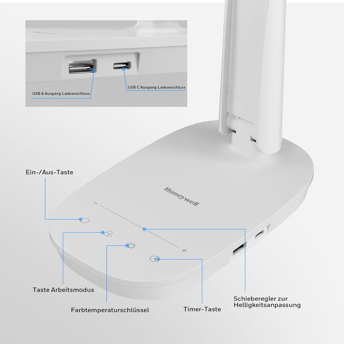 Настільна лампа Honeywell із зарядним USB-портом - Sunturalux H2 Світлодіодна настільна лампа з можливістю затемнення для очей для дорослих, складна портативна настільна лампа для домашнього офісу, спальні, читання, біла