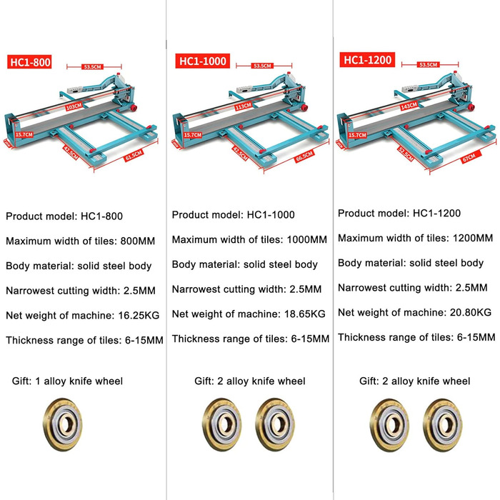 Високоточний ручний плиткоріз YEHOZZ з колесами, товщина різання 6-15 мм, плиткоріз для підлоги, настінної плитки, керамограніту, HC1-1000