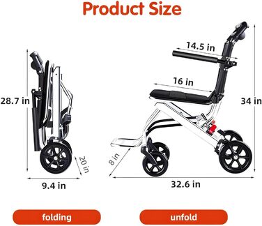 Портативна складна інвалідна коляска, Подорожня інвалідна коляска з ручним гальмом, Надлегке крісло колісне для людей похилого віку та дітей, Реверсивні підлокітники, Маленьке крісло колісне 12 дюймових задніх коліс, A