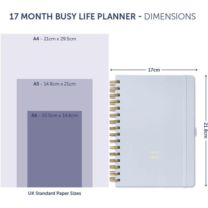 Календар зустрічей на 17 місяців у середині року Busy Life з серпня 2024 року по грудень 2025 року - Cloud - Планувальник A5 на тиждень із подвійним розкладом, кишенею та списками покупок