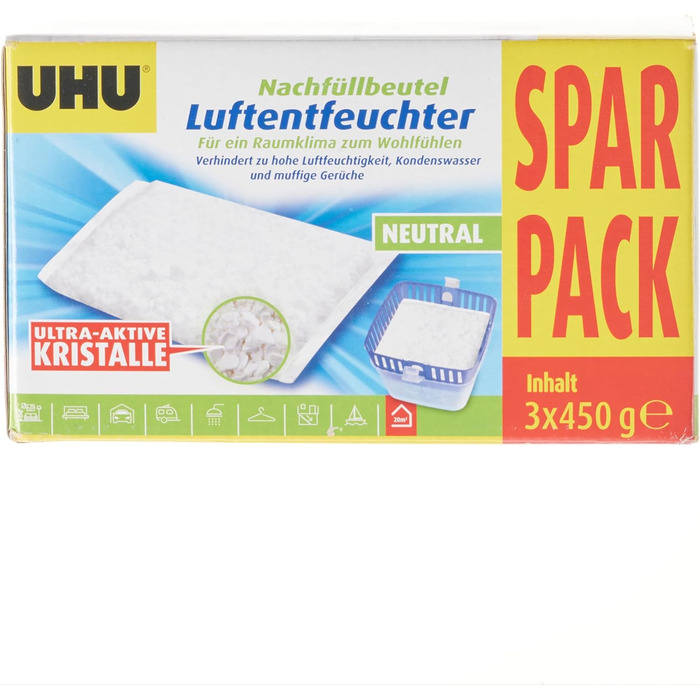 Мішок для заправки осушувача UHU 3 шт. 450 г в комплекті запобігає появі вологи та затхлих запахів