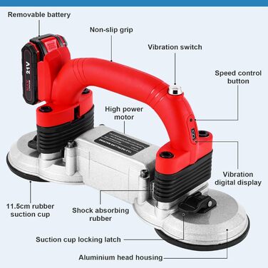 Електричний вібратор для плитки, вирівнювач плитки, акумулятор 2 x 2000 мАг з подвійною присоскою, 6-швидкісна кнопка блокування оновлення, максимальне зусилля адсорбції 400 кг
