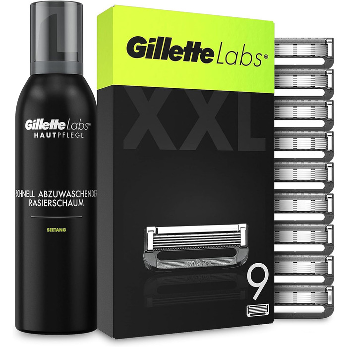 Леза для бритви Gillette Labs, 9 змінних лез для вологих бритв Men і бритва з підігрівом з очищувальним елементом і піною для гоління Men (240 мл), Догляд за шкірою шляхом захисту та охолодження шкіри